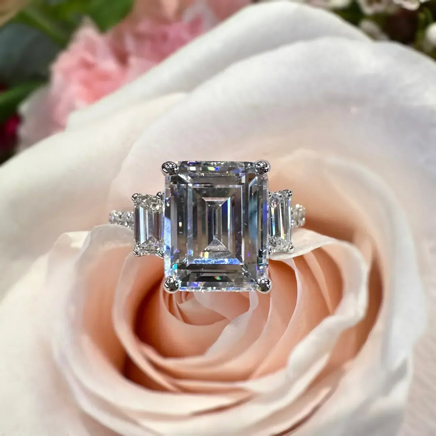 Simon G Three Stone 18K White Gold Engagement Ring
