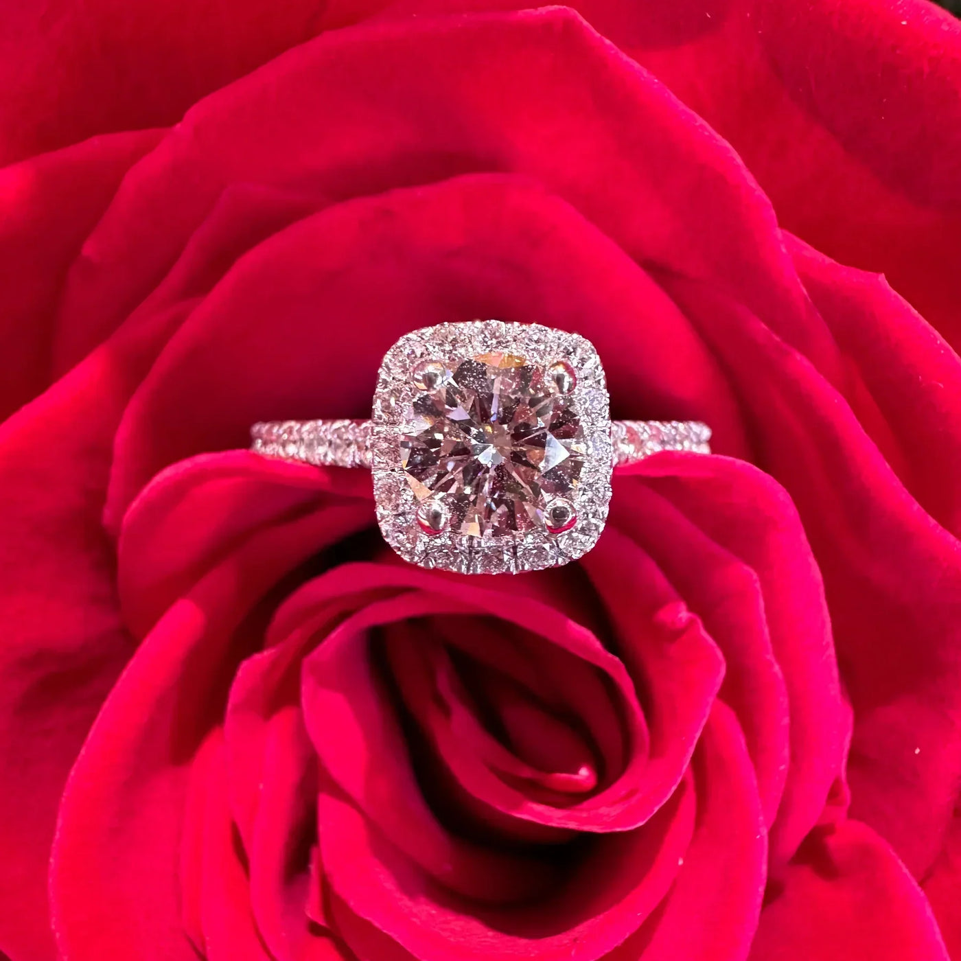 Round Diamond Square Halo 14K White Gold Engagement Ring