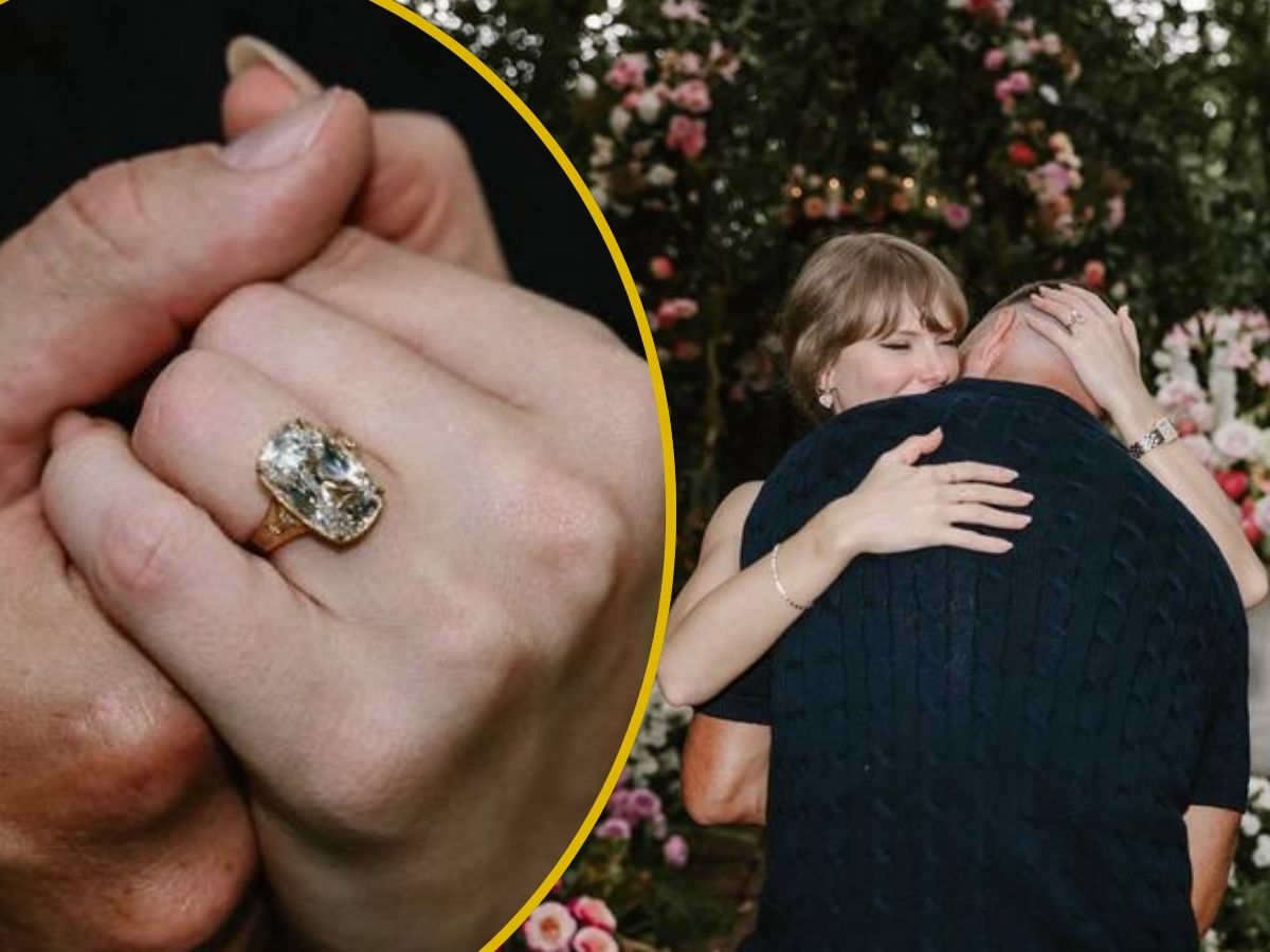 Romantic engagement moment in a floral garden, with a close-up of the couple's hands and diamond engagement ring