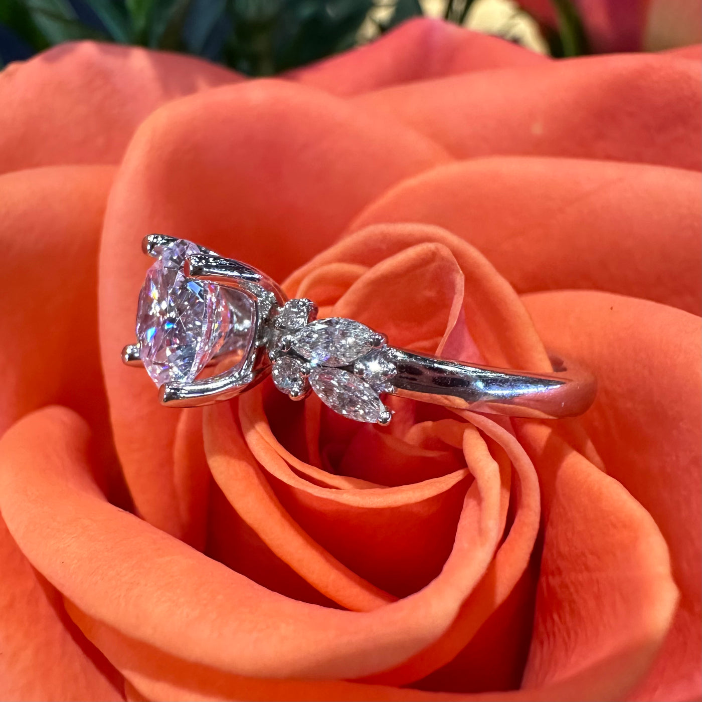 Floral Diamond Semi Mount 14K White Gold Engagement Ring