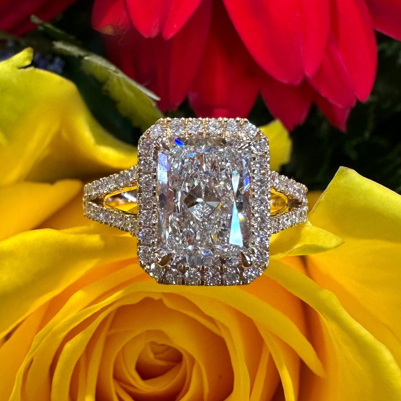 Apparel & Accessories > Jewelry > Rings Radiant Diamond Halo Ready to Wear 14K Yellow Gold Engagement Ring Pierce Custom Jewelers