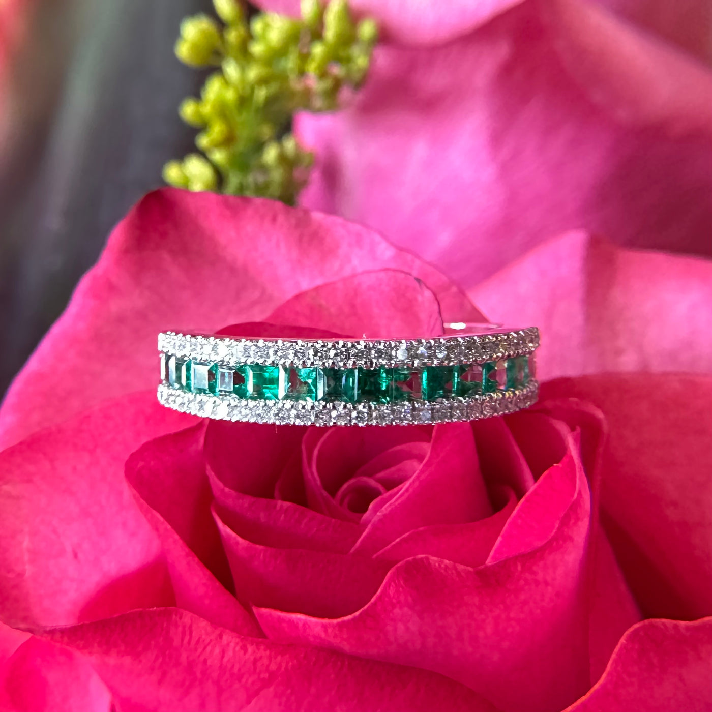 Zeghani Emerald and Diamond Ring 14K White Gold Band ZR1151