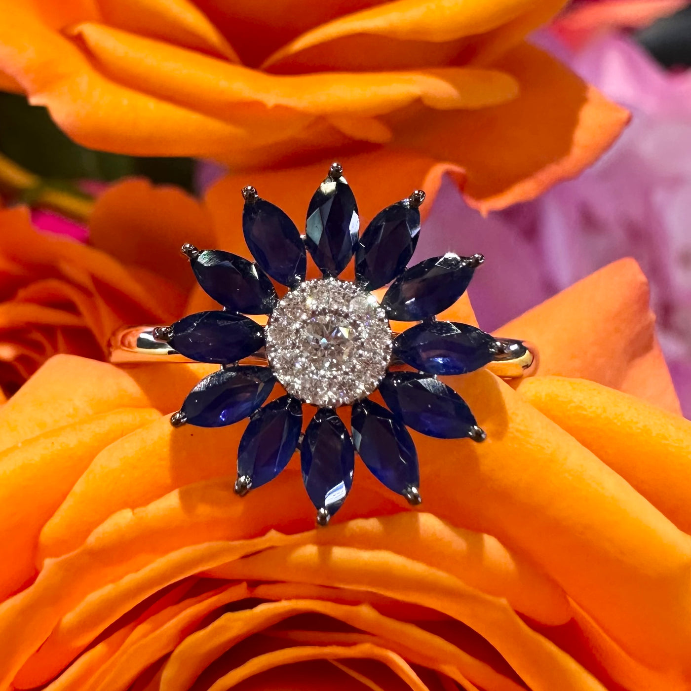 Apparel & Accessories > Jewelry > Rings Zeghani Sapphire Diamond Flower 14K White Gold Ring ZR2458 Pierce Custom Jewelers