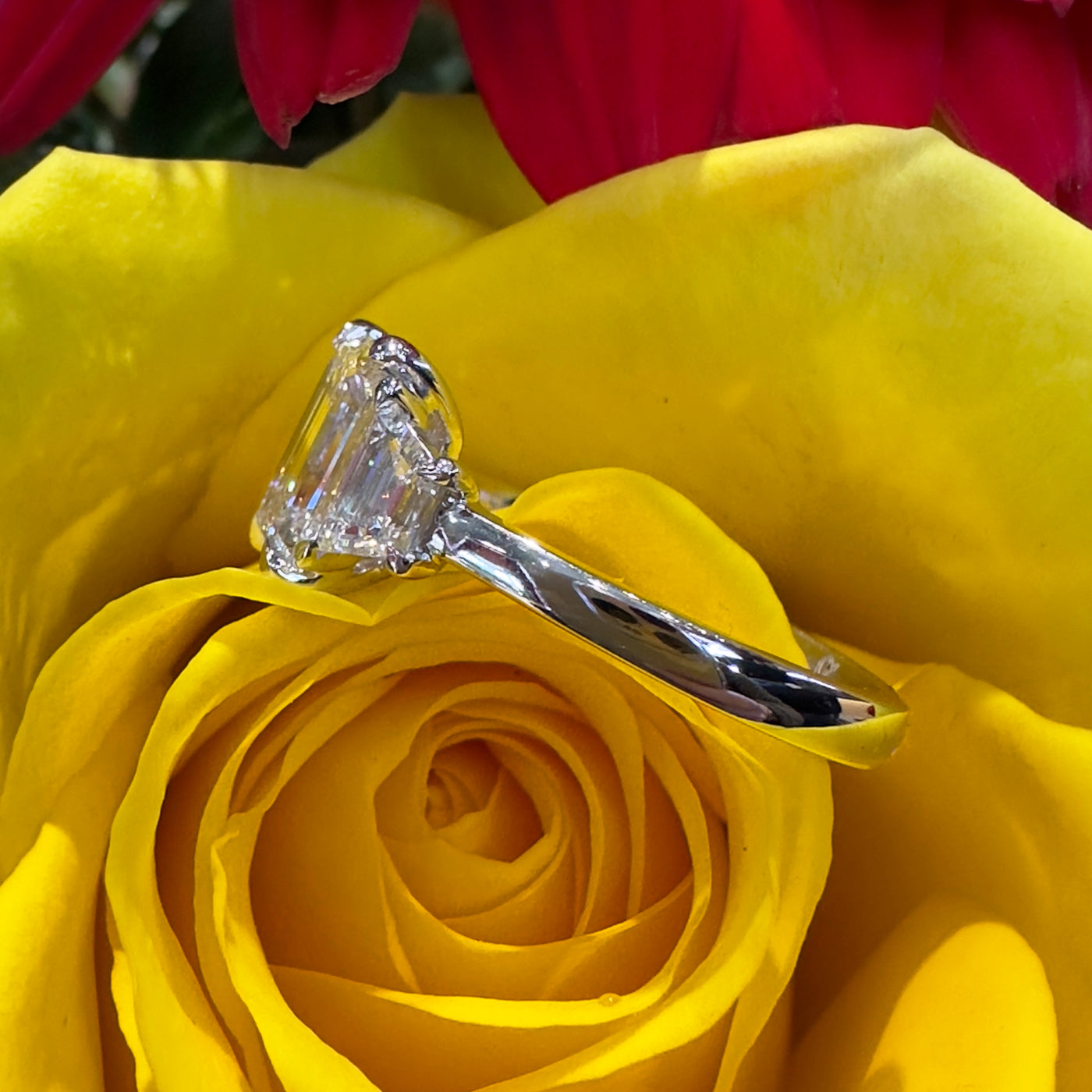 Apparel & Accessories > Jewelry > Rings Diamond Three Stone Emerald Cut Ready to Wear 18K White Gold Engagement Ring Pierce Custom Jewelers