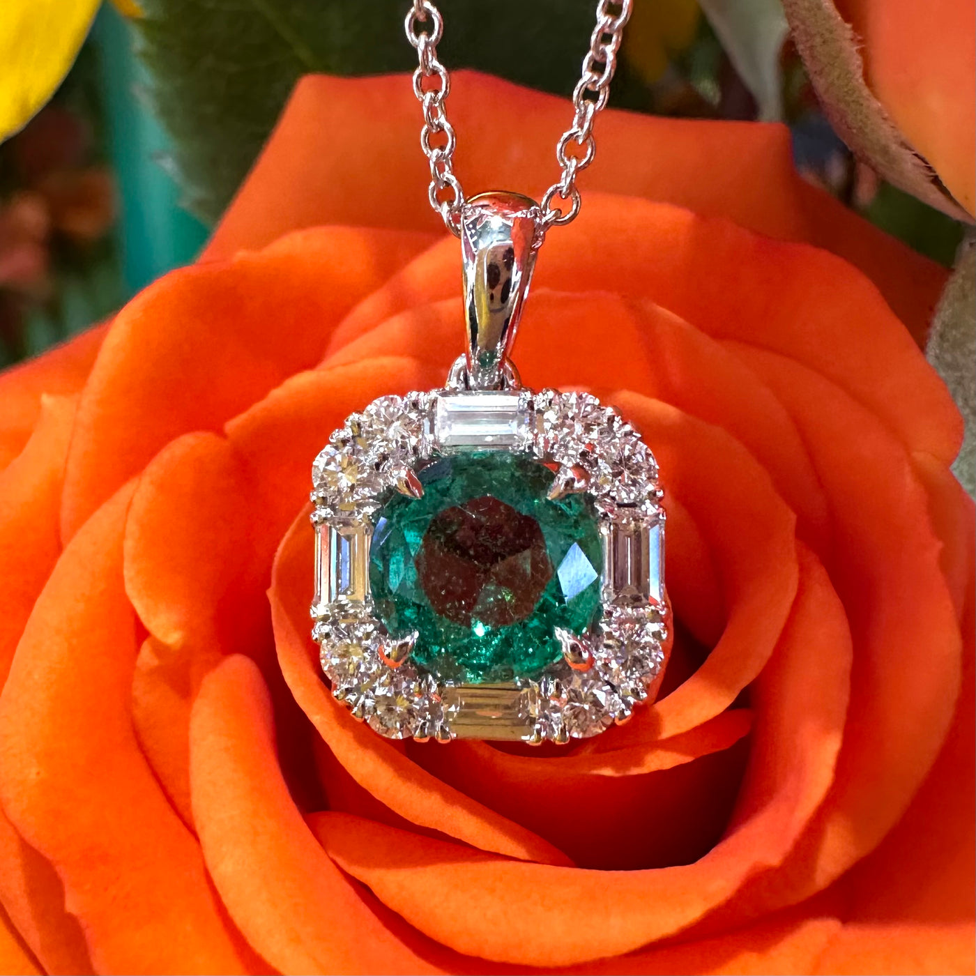 Apparel & Accessories > Jewelry > Necklaces Simon G. Mosaic Emerald Diamond Pendant 18K White Gold Necklace LP5094 Pierce Custom Jewelers