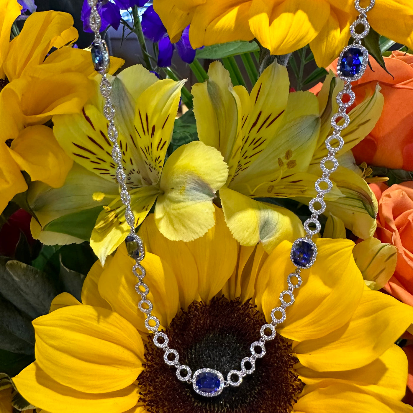 Sapphire and Pavé Diamond Necklace in 18K White Gold