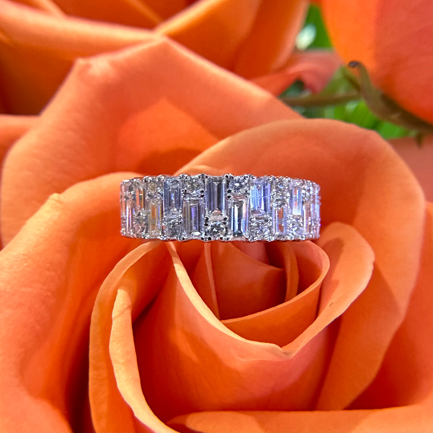 Apparel & Accessories > Jewelry > Rings Round and Baguette Bold Diamond Band 14K White Gold Ring Pierce Custom Jewelers