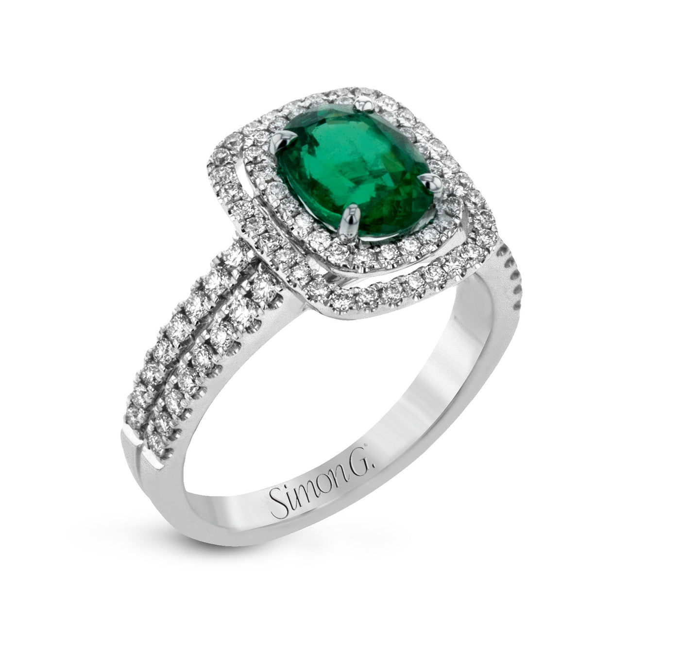 Simon G MR1920-A Emerald and Diamond Ring in White Gold