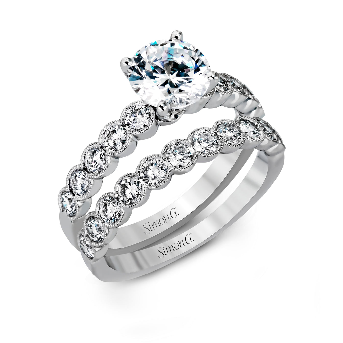 Simon G MR2566 Diamond Engagement Ring and Band in White Gold