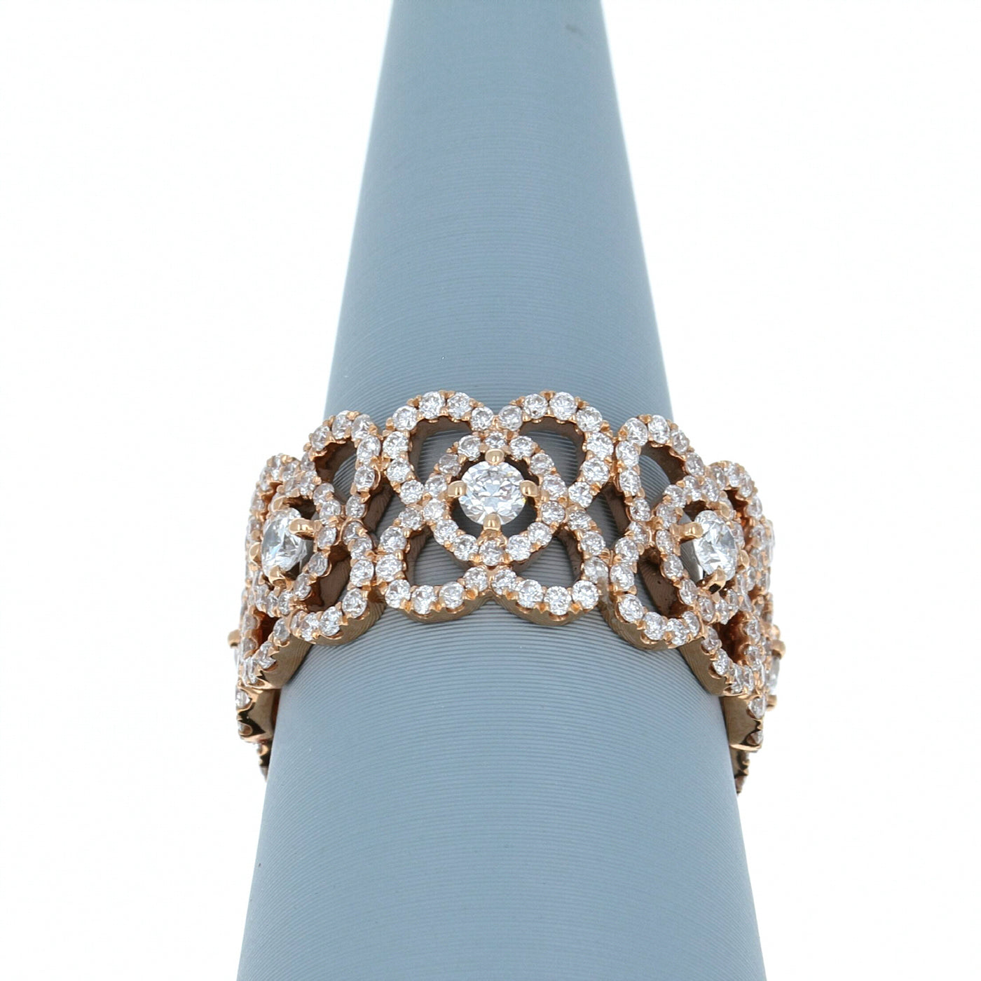 Apparel & Accessories > Jewelry > Rings Diamond Eternity Band with Flower detail in 18K Rose Gold Pierce Custom Jewelers