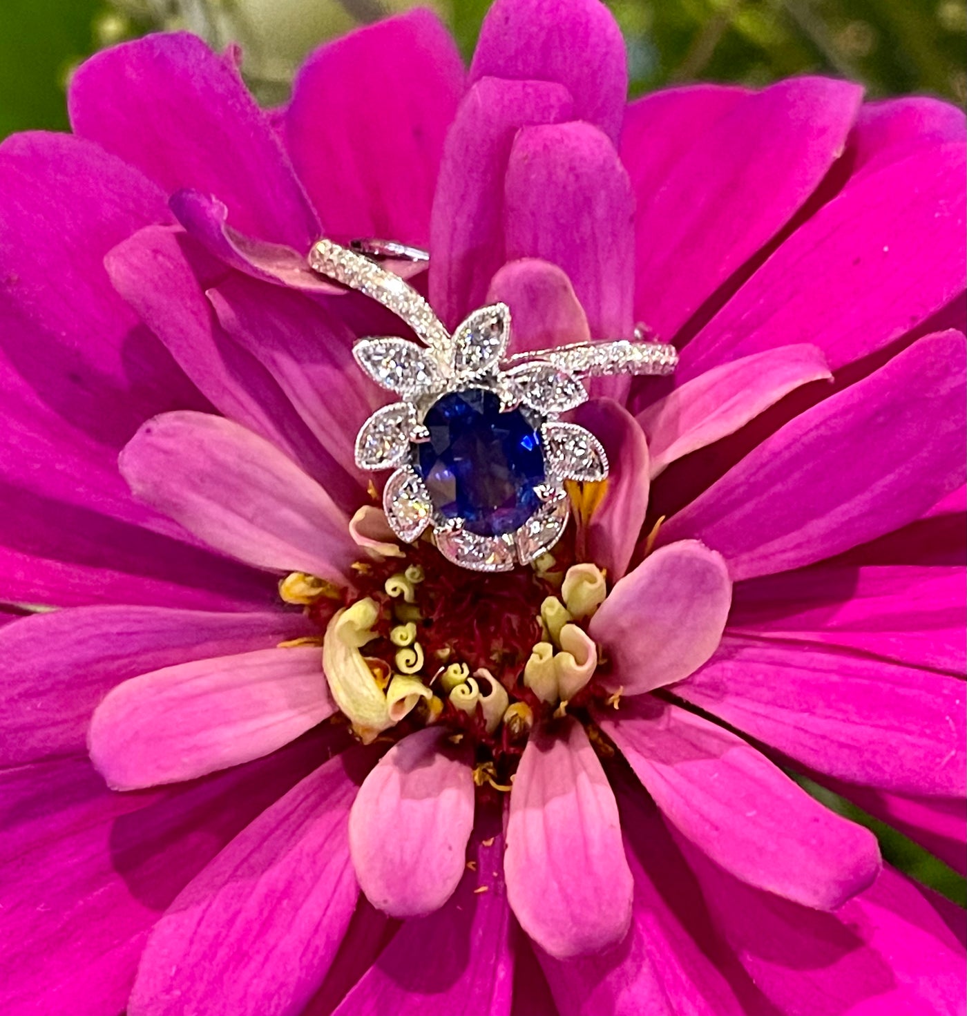 Simon G Sapphire and Diamond Ring with 8 surrounding leaves MR3063