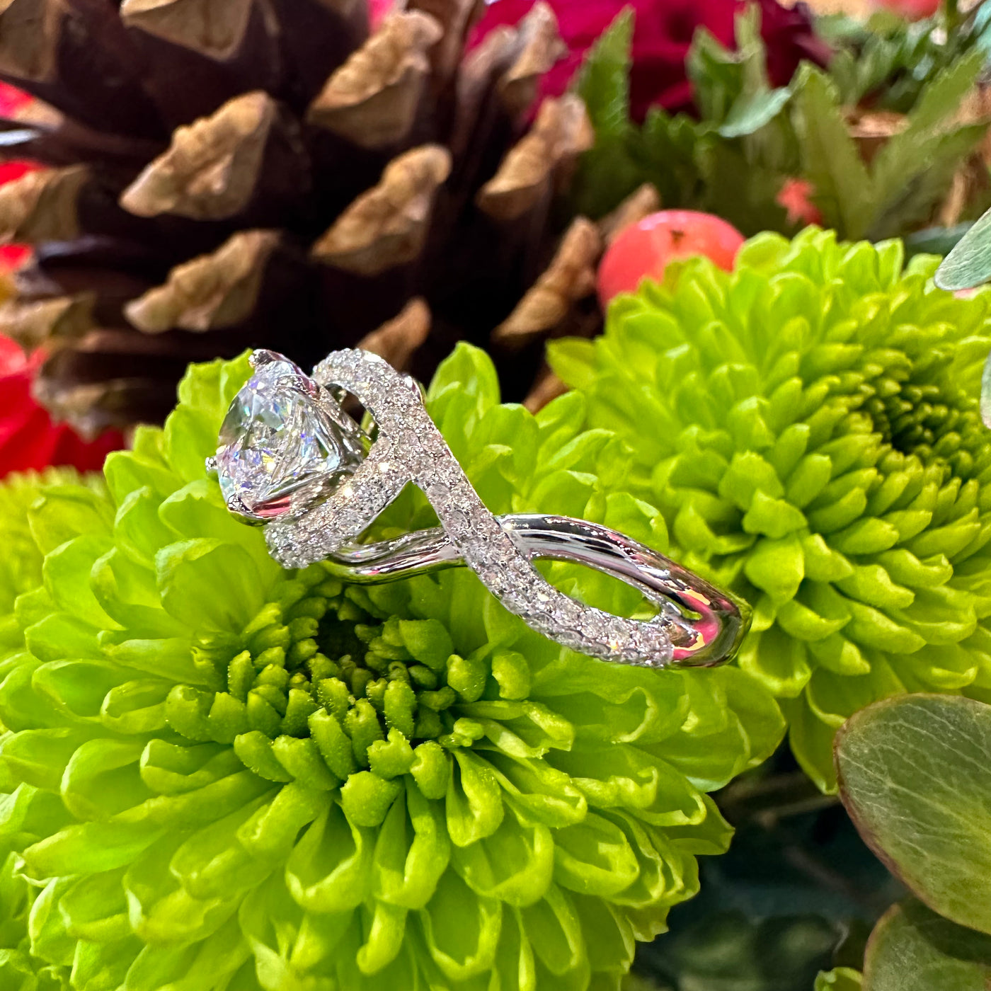 Apparel & Accessories > Jewelry > Rings Halo Wrap Around Diamond Semi Mount 14K White Gold Engagement Ring Pierce Custom Jewelers
