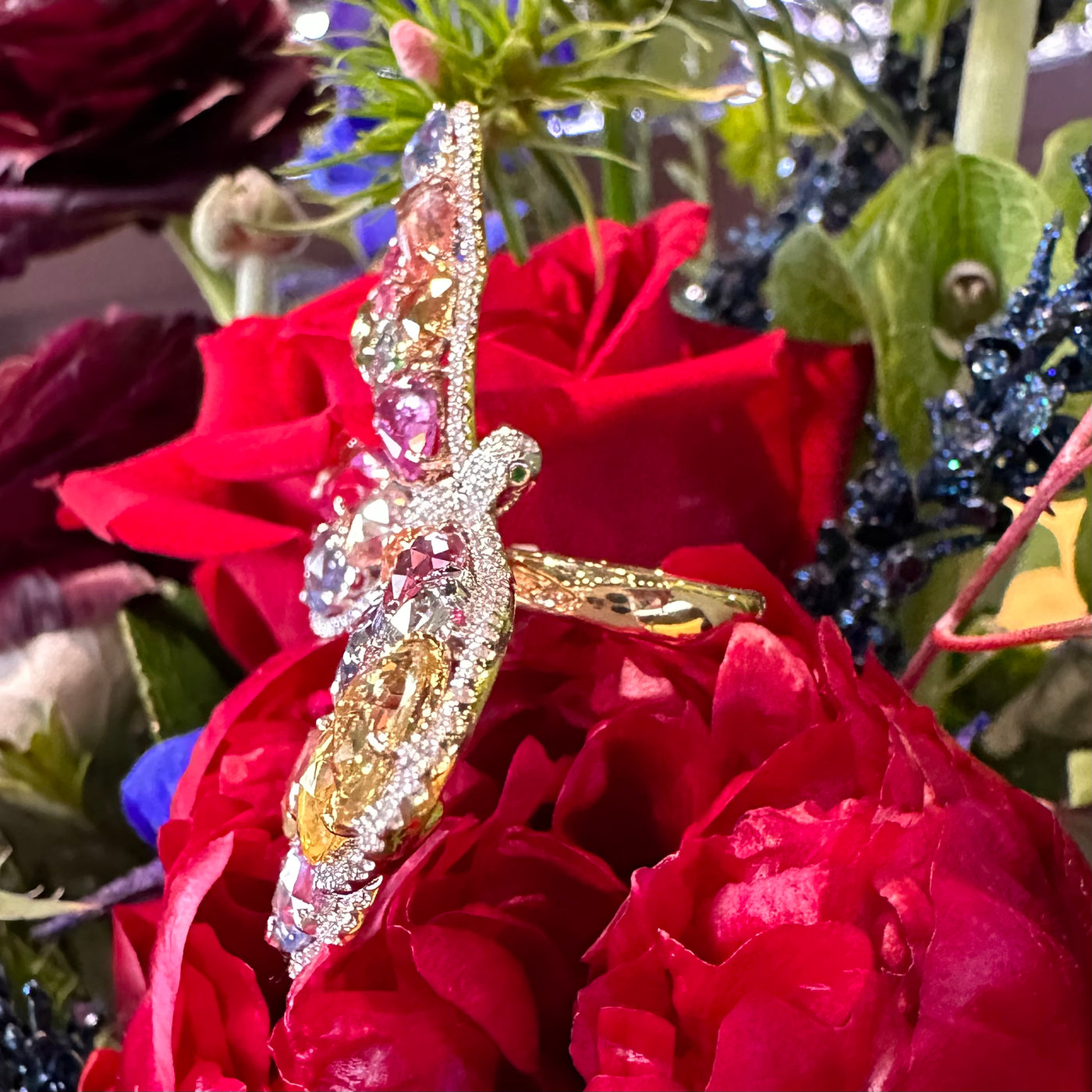 Apparel & Accessories > Jewelry > Rings 18K Gold Diamond and Colored Sapphire Dragonfly Ring Pierce Custom Jewelers