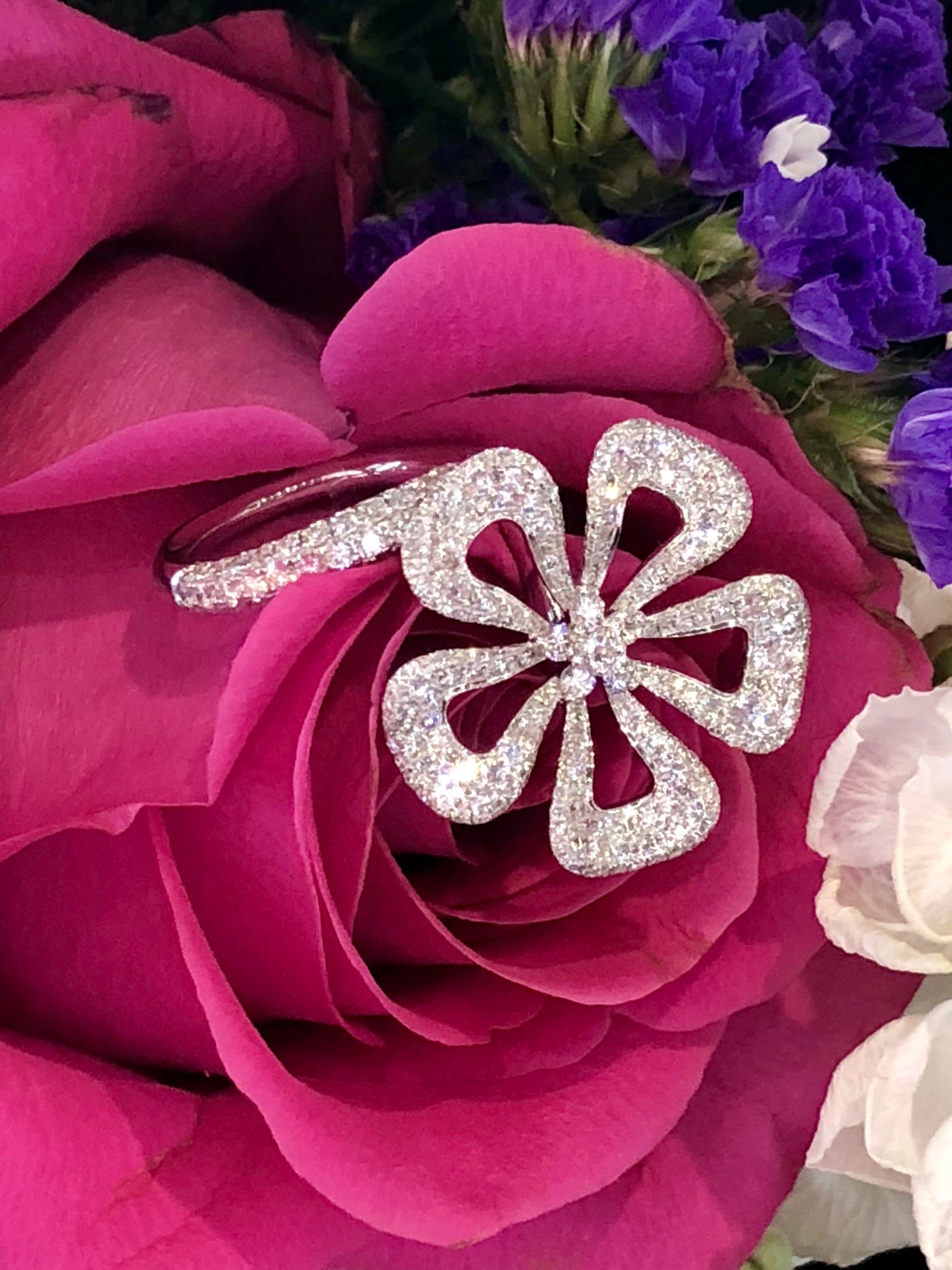 Apparel & Accessories > Jewelry > Rings Diamond Plumeria Flower Ring in 18K White Gold Pierce Custom Jewelers