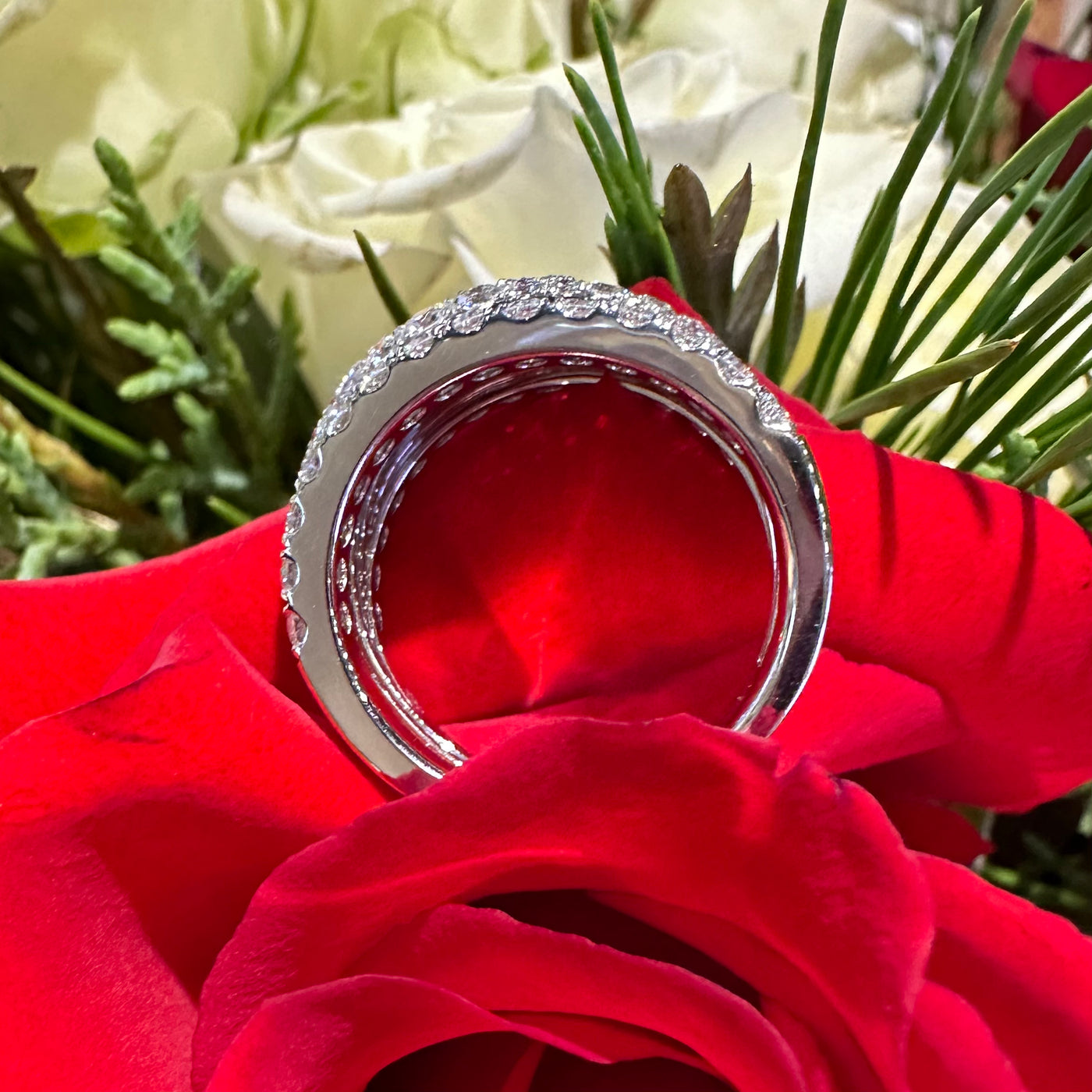 Apparel & Accessories > Jewelry > Rings Diamond Triple Row Small Dome 18K White Gold Ring Pierce Custom Jewelers