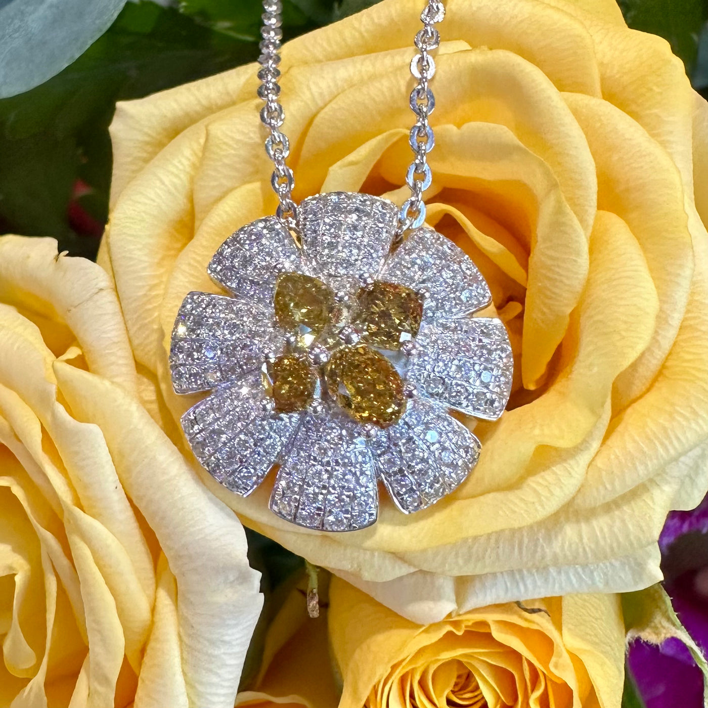 Apparel & Accessories > Jewelry > Necklaces White and Brown Yellow Diamond Flower Pendant 14K White Gold Necklace Pierce Custom Jewelers