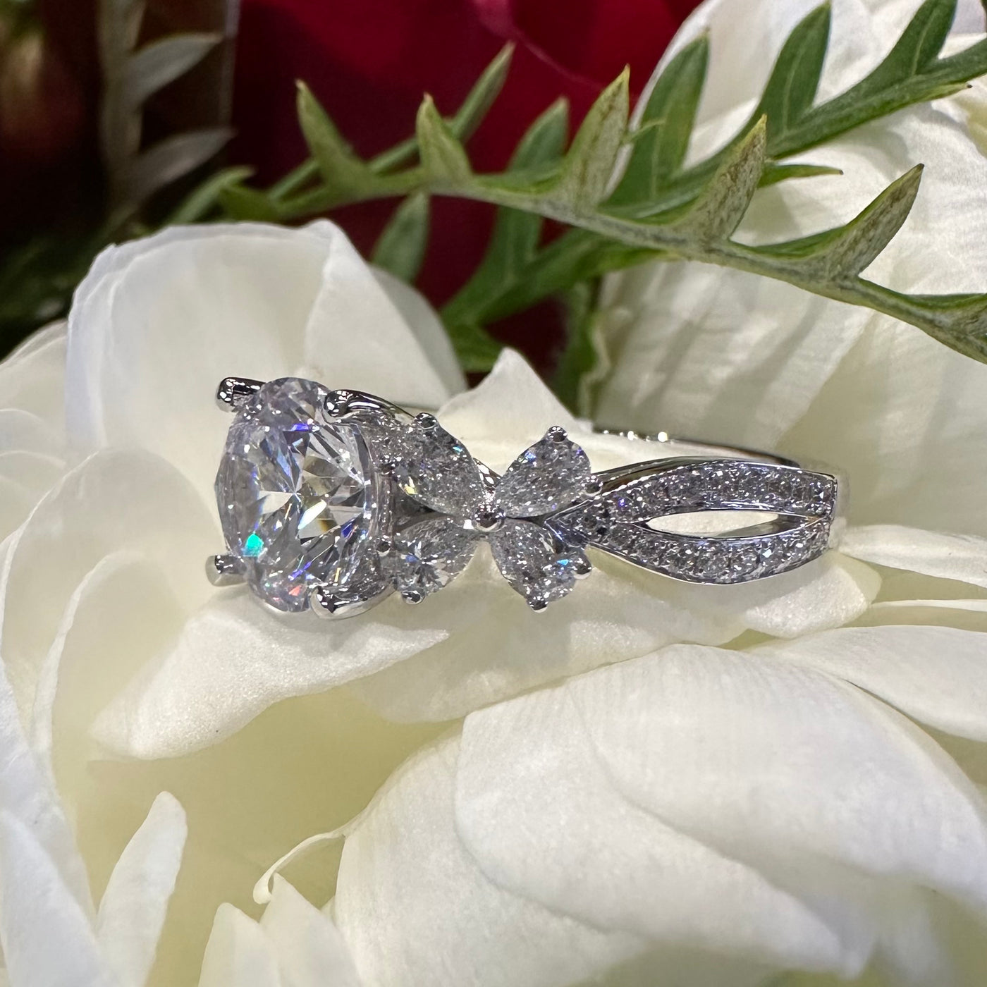 Apparel & Accessories > Jewelry > Rings Simon G Vintage Floral Side-stone 18K White Gold Engagement Ring LR2988 Pierce Custom Jewelers