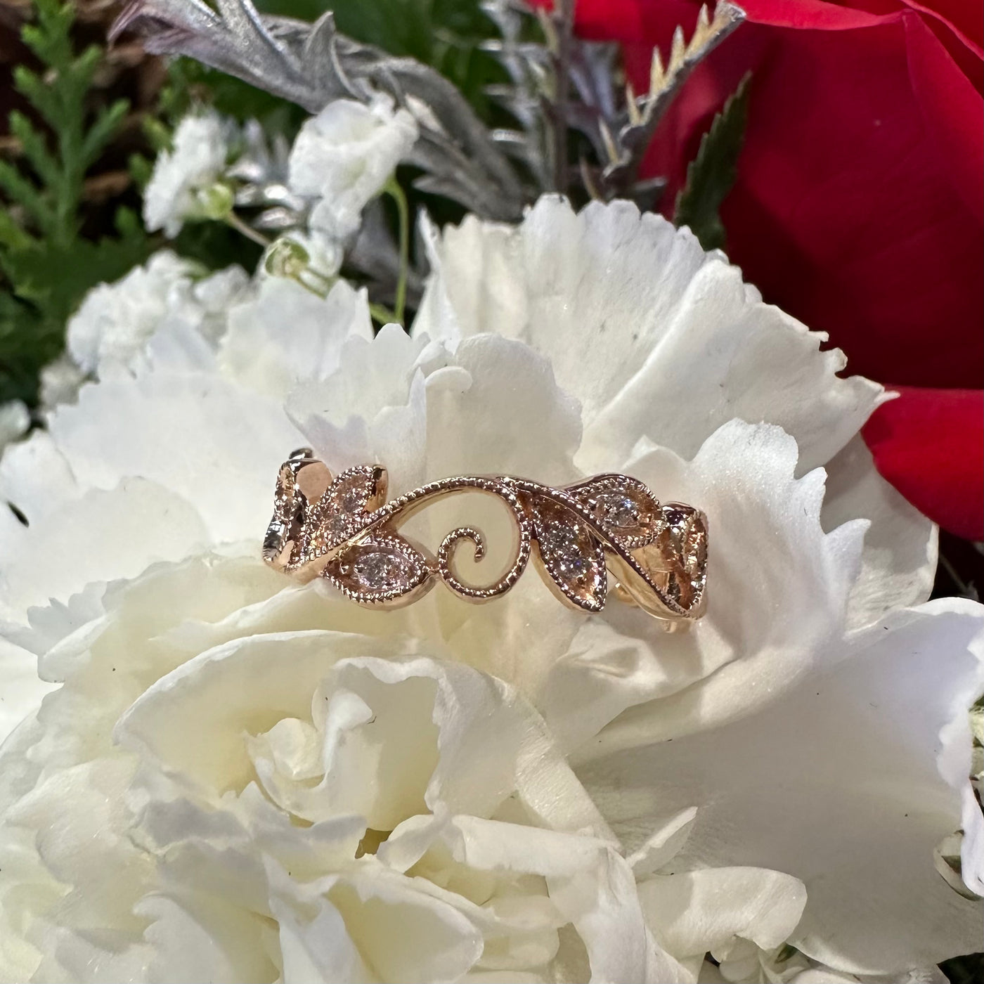 Apparel & Accessories > Jewelry > Rings Diamond Leaf Band 14K Rose Gold Ring Pierce Custom Jewelers