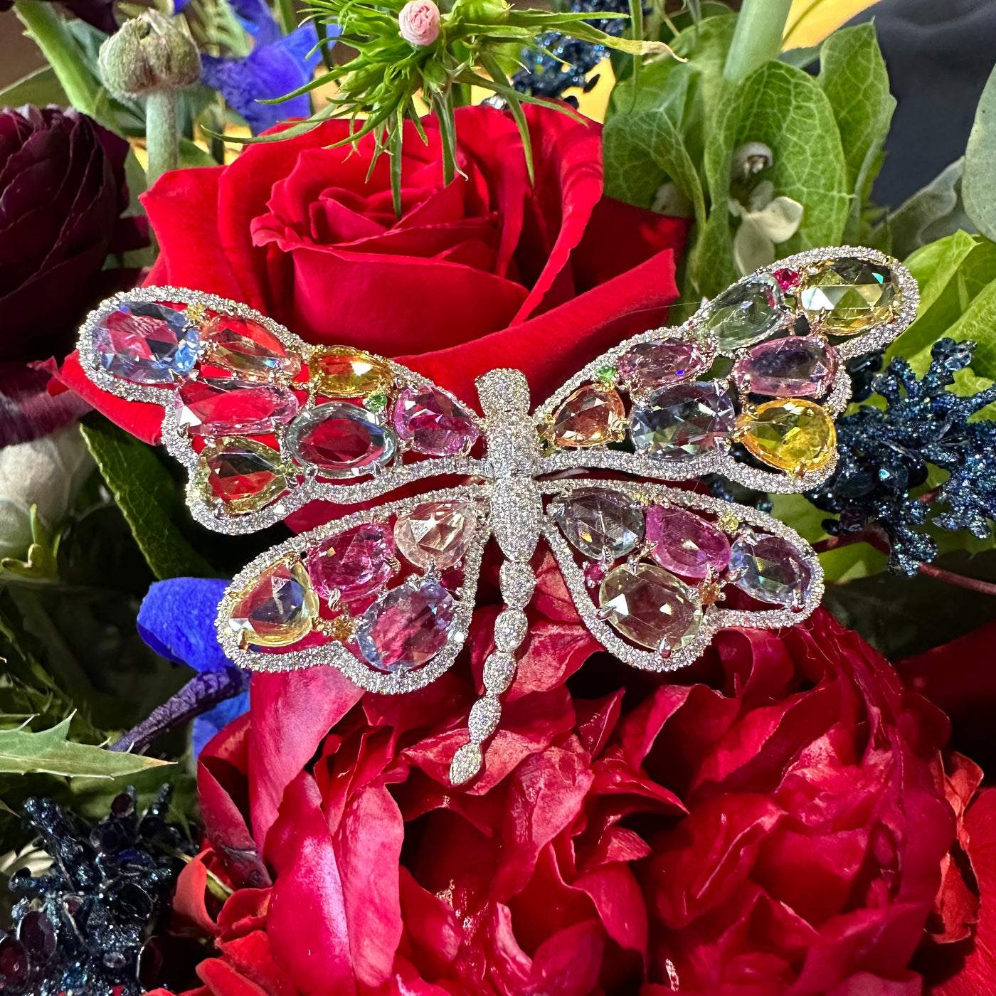 Apparel & Accessories > Jewelry > Rings 18K Gold Diamond and Colored Sapphire Dragonfly Ring Pierce Custom Jewelers